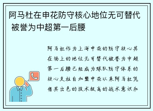 阿马杜在申花防守核心地位无可替代 被誉为中超第一后腰
